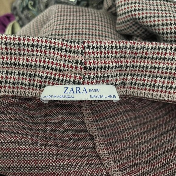 ZARA HOUNDSTOOTH PANTS WOMENS LARGE RED BLACK WHITE ELASTIC PULL ON WAIST TROUSE - Picture 4 of 7